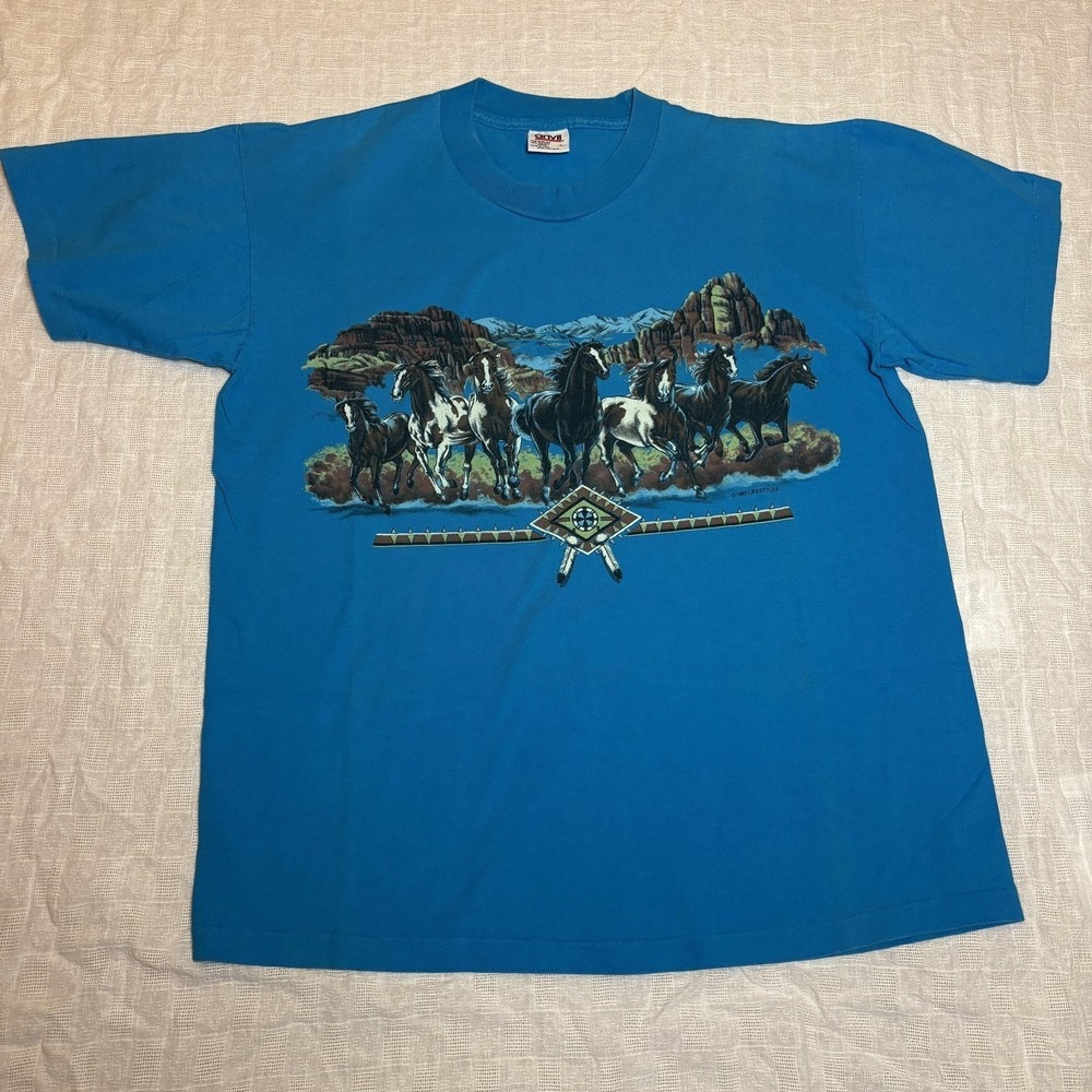Vintage Wild Horses Shirt Mens Large Single Stitch USA 1993 Western Graphic 90s